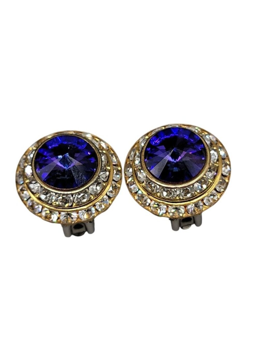 Vintage Lilac Rivoli Clip On Earrings Double Crystal Halo Domed Gold Tone - Picture 10 of 11